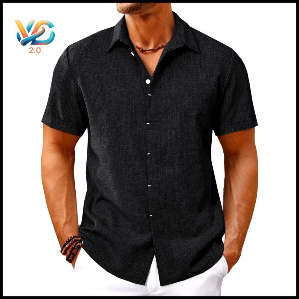 Men's Short Sleeve Button Down Shirt, Linen Texture, Regular Fit, Summer Casual